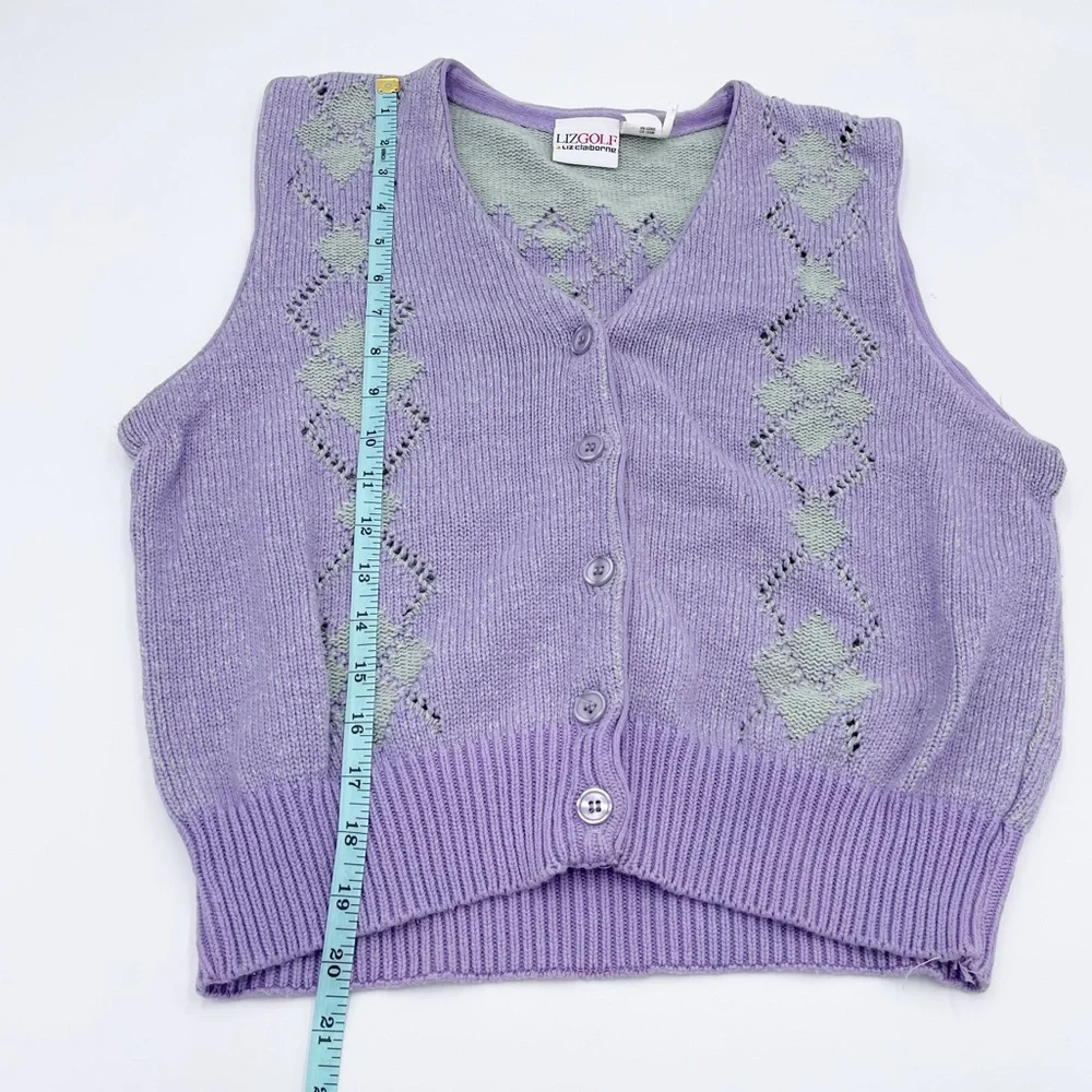 Vintage 90s Y2K Preppy Liz Golf Pastel Purple Green Argyle Knit Sweater Vest - Picture 8 of 8